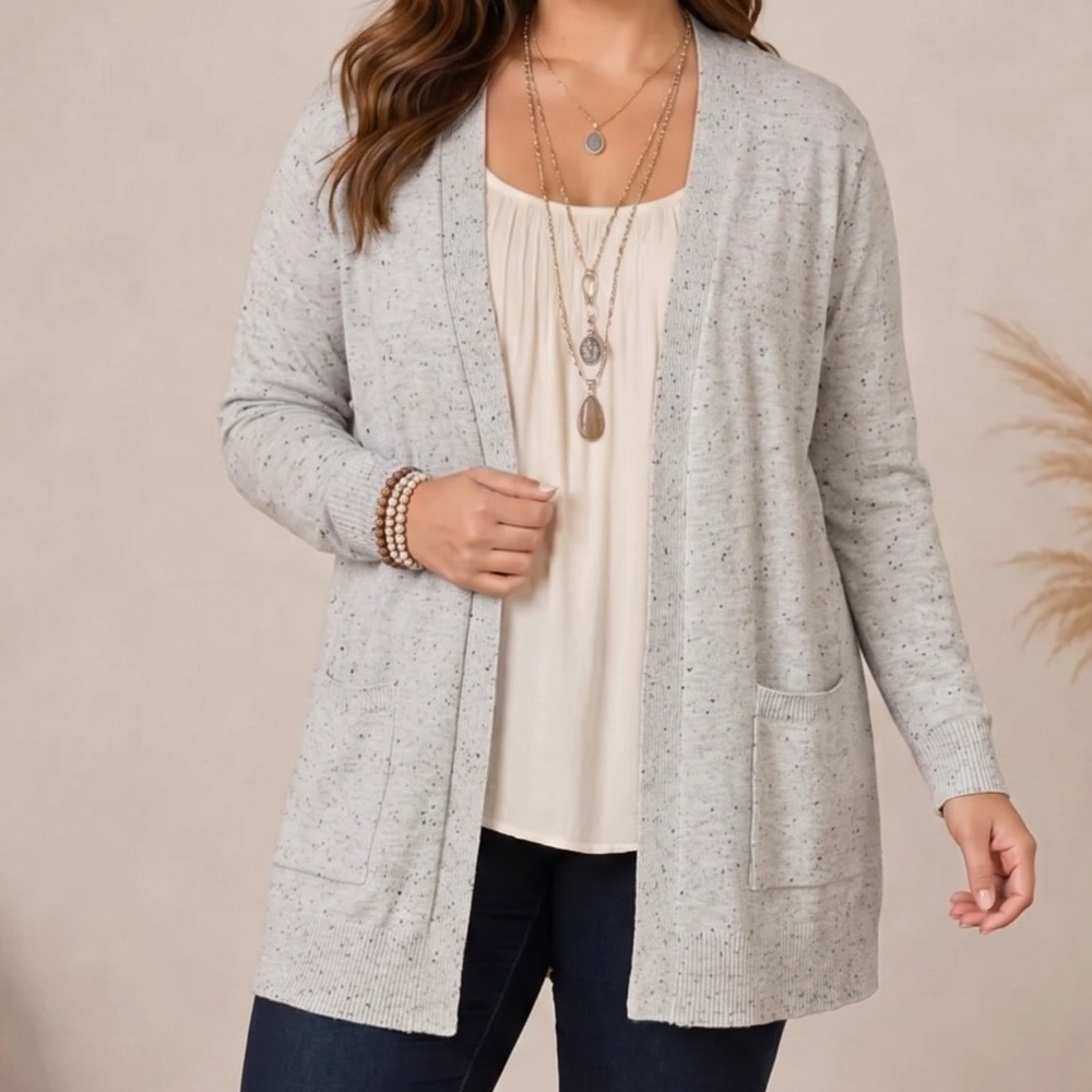 Verve Ami Womens XL Gray Speckled Open Front Cardigan Sweater Long Sleeve
